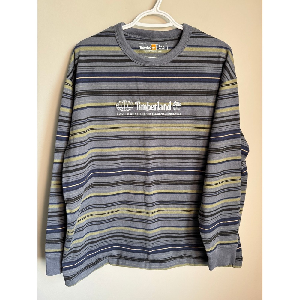 Timberland Mens Gray Striped Long Sleeve Box Fit Shirt Size L Gorpcore Skater